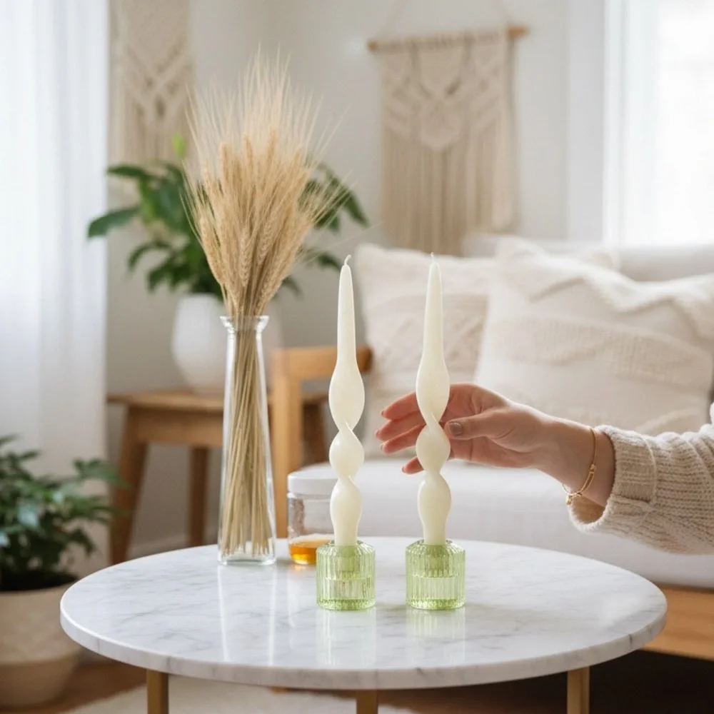 NWT ADPAL Ivory Spiral Ribbon Tapered Candlesticks Unscented & Handmade